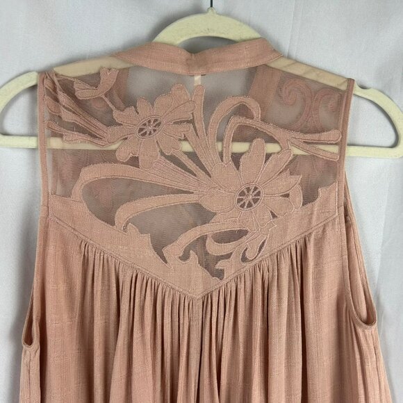 Free People Western Romance Mesh Applique Shirt Women Small Pink Flowy Lace - Picture 5 of 8